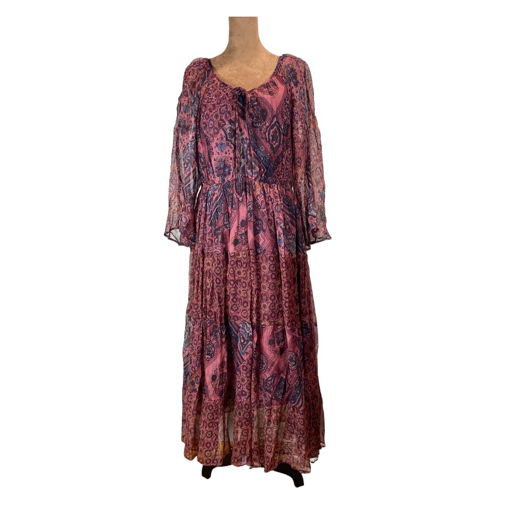 Paradise NY Paisley Boho Maxi Dress Long Sleeve Tiered Chiffon Wine Maroon Large